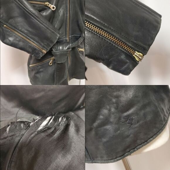 Vintage 90s y2k Andrew Marc Moto Jacket Black Leather Hooded Belted Woman's Sm - Picture 3 of 8